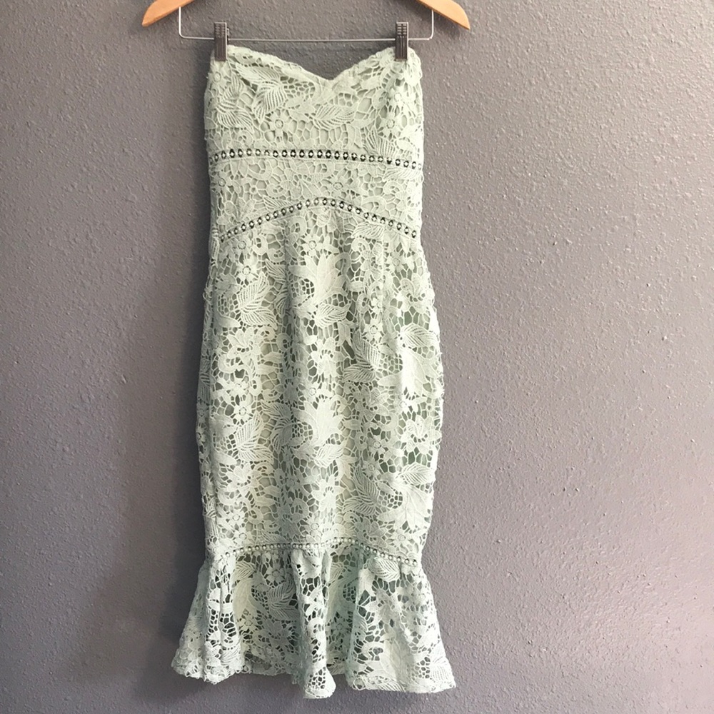 Mint Lace Bandeau Frill Midi Dress - Picture 6 of 13